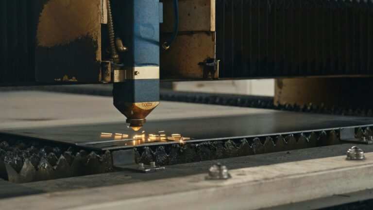 Laser cutting machine cutting through metal sheet with sparks