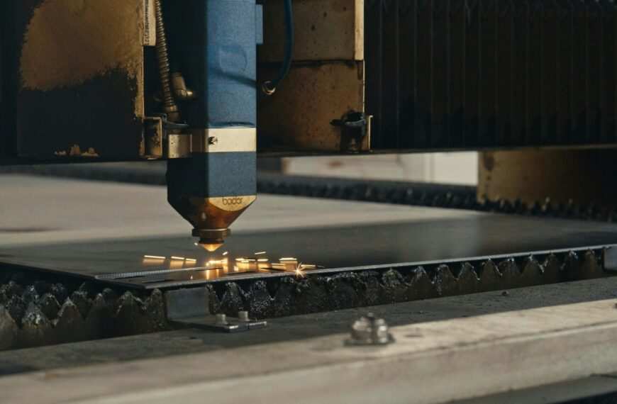 Laser cutting machine cutting through metal sheet with sparks